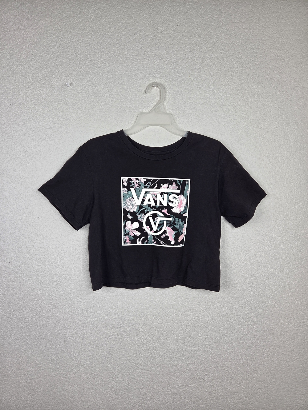 Vans Black Crop Tee with Pink & Green Floral Logo